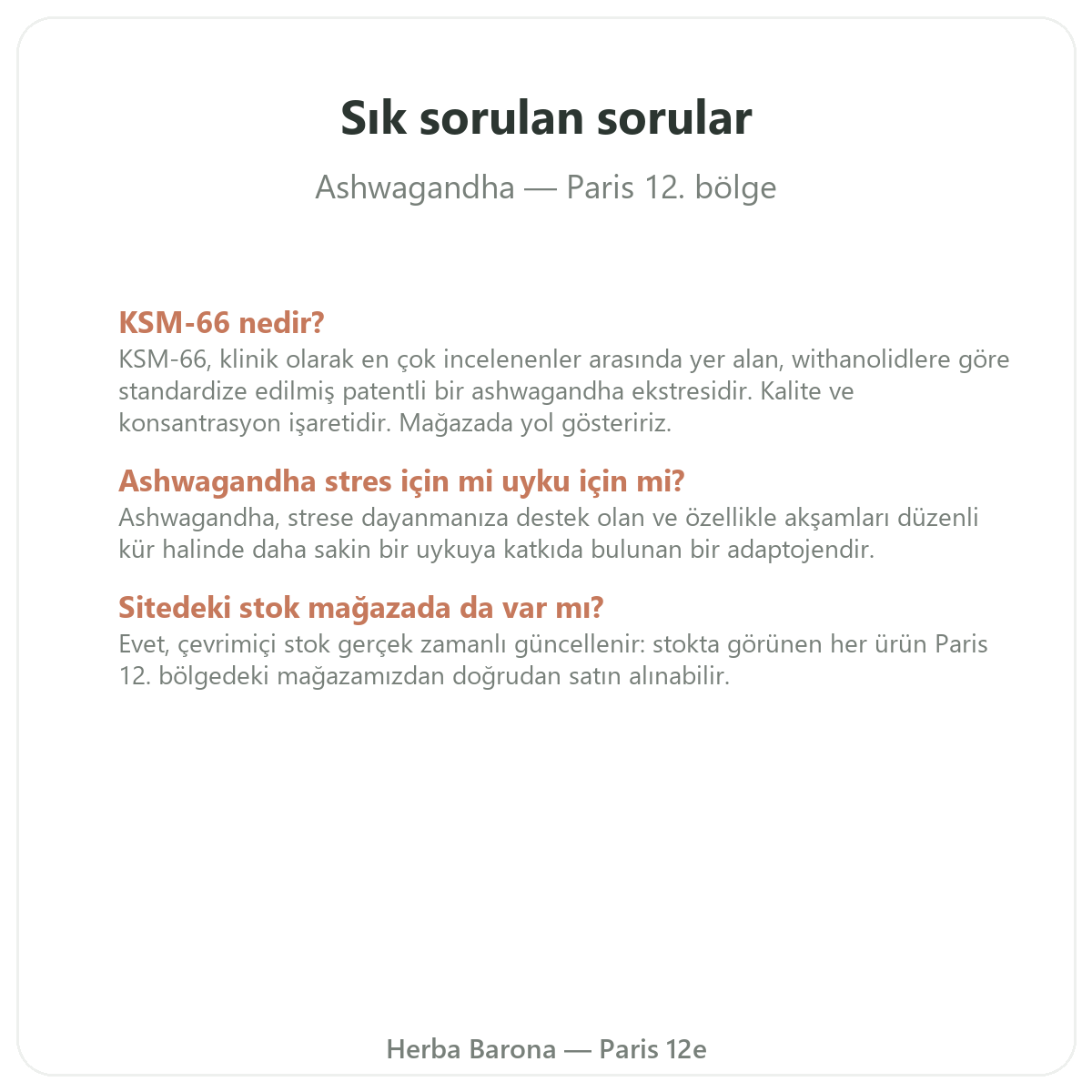 Paris’te Ashwagandha KSM-66 hakkında sıkça sorulan sorular - Herba Barona Paris 12. bölge