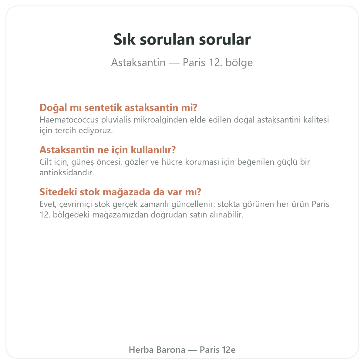 Paris’te Astaksantin hakkında sıkça sorulan sorular - Herba Barona Paris 12. bölge