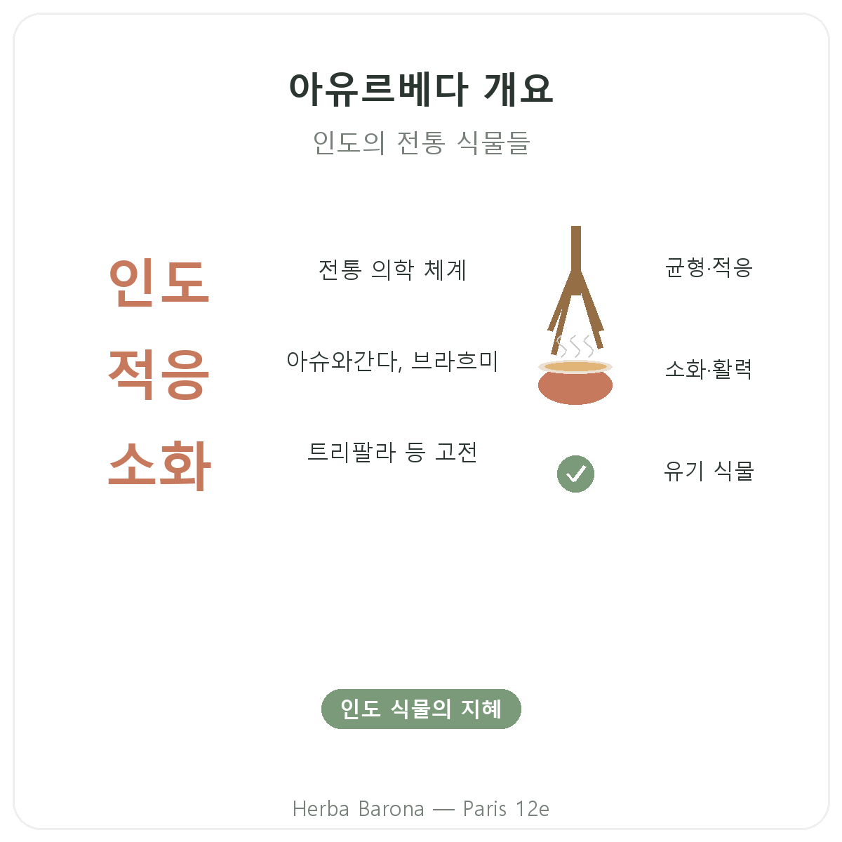 아유르베다 식물 파리 파리 요약 - Herba Barona 파리 12구 주요 수치