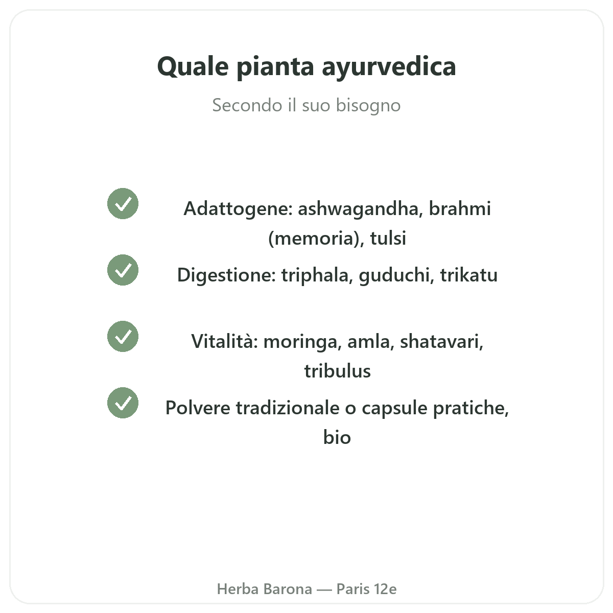 Piante ayurvediche a Parigi - impegni di qualità da Herba Barona Parigi 12e