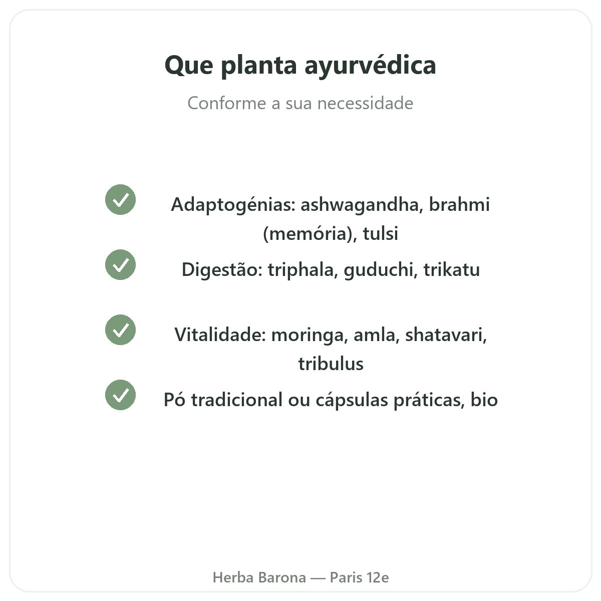 Plantas aiurvédicas em Paris - compromissos de qualidade na Herba Barona Paris 12e