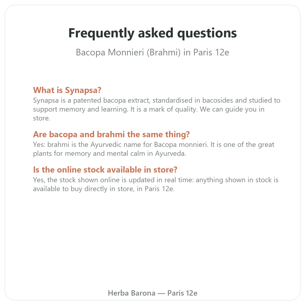 Frequently asked questions about Bacopa Brahmi in Paris - Herba Barona Paris 12th