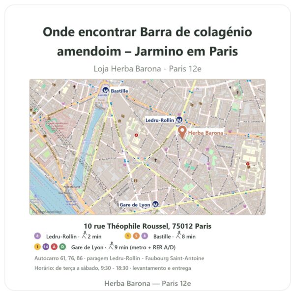 Onde encontrar Barra de colagénio amendoim – Jarmino em Paris - mapa da loja Herba Barona Paris 12e