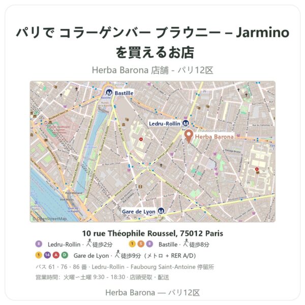 Where to find コラーゲンバー ブラウニー – Jarmino in Paris - store map Herba Barona Paris 12e