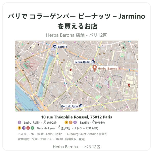 Where to find コラーゲンバー ピーナッツ – Jarmino in Paris - store map Herba Barona Paris 12e
