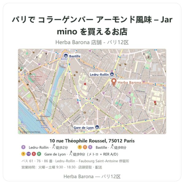 Where to find コラーゲンバー アーモンド風味 – Jarmino in Paris - store map Herba Barona Paris 12e