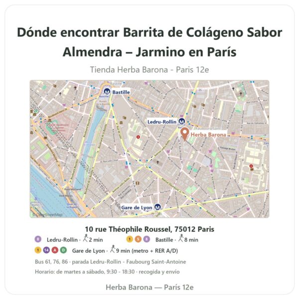 Dónde encontrar Barrita de Colágeno Sabor Almendra – Jarmino en París - plano de la tienda Herba Barona Paris 12e