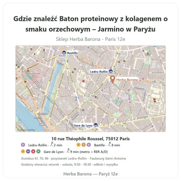 Gdzie znaleźć Baton proteinowy z kolagenem o smaku orzechowym – Jarmino w Paryżu - mapa sklepu Herba Barona Paris 12e