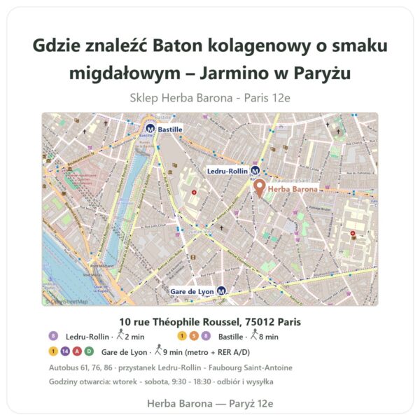 Gdzie znaleźć Baton kolagenowy o smaku migdałowym – Jarmino w Paryżu - mapa sklepu Herba Barona Paris 12e