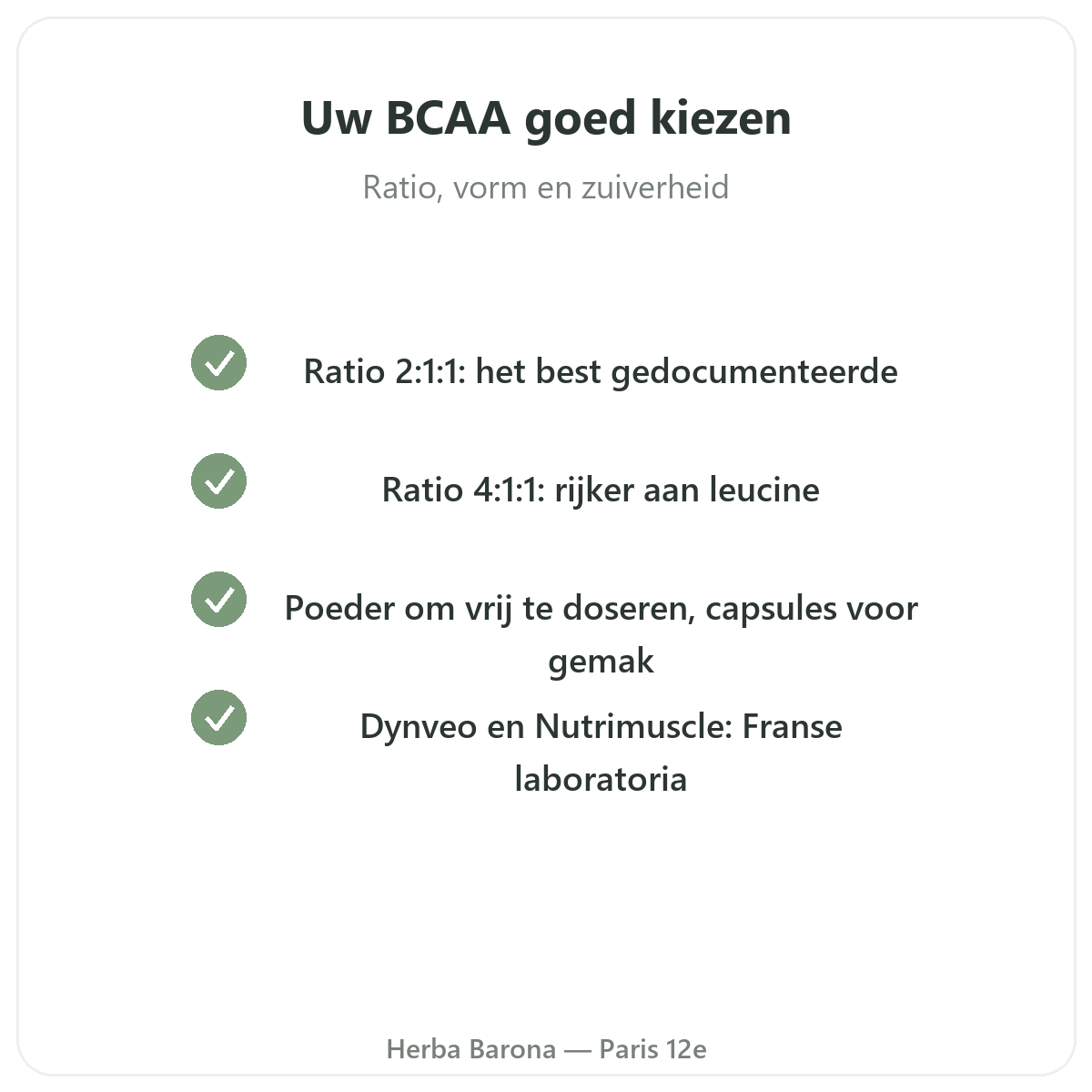 Uw BCAA goed kiezen - ratio, vorm en zuiverheid bij Herba Barona Parijs