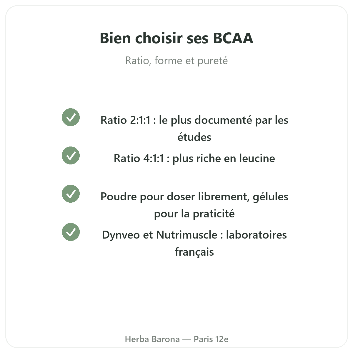 Bien choisir ses BCAA - ratio, forme et pureté chez Herba Barona Paris