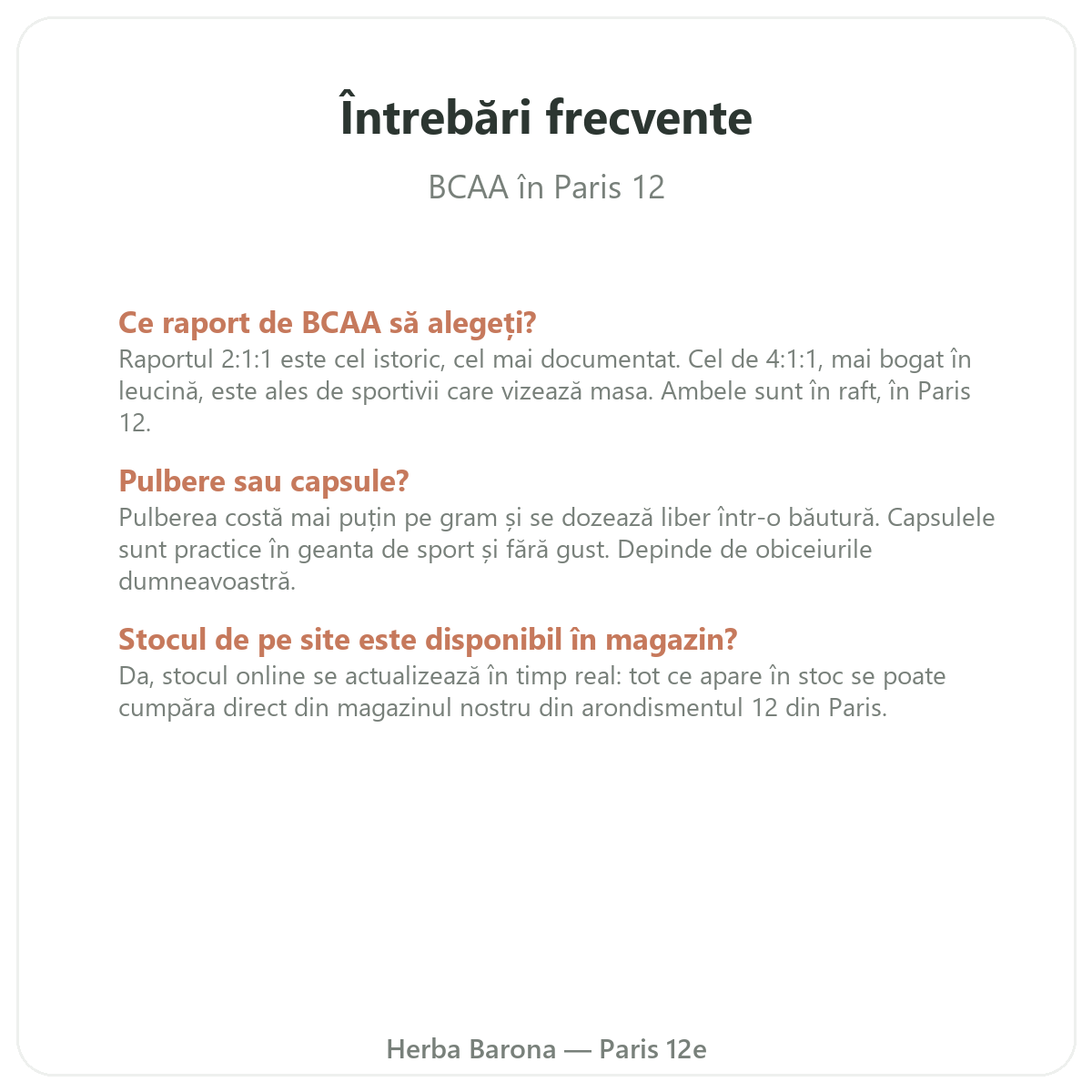 Întrebări frecvente despre BCAA - Herba Barona Paris 12