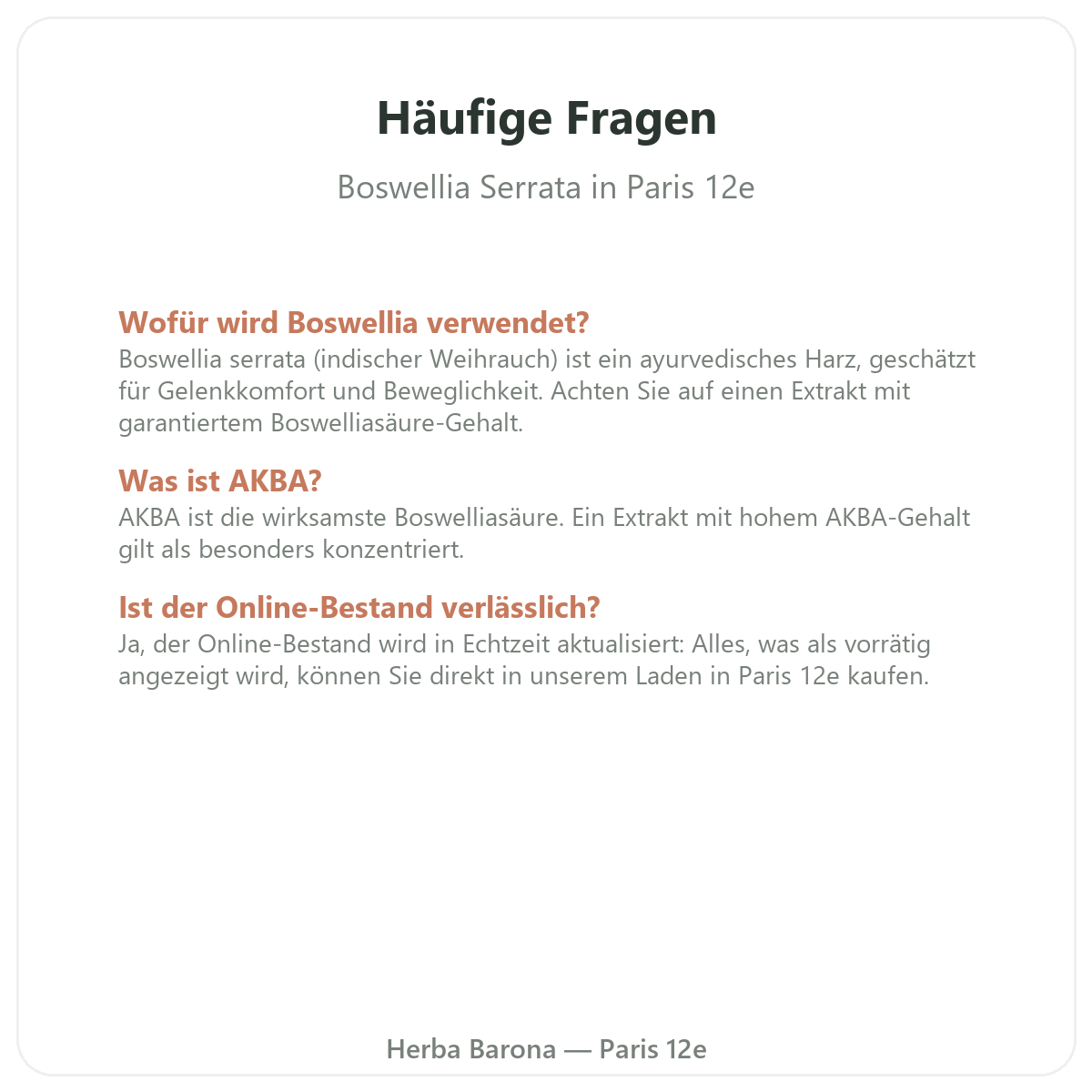 Häufige Fragen zu Boswellia in Paris - Herba Barona Paris 12e
