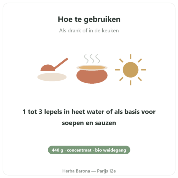 Runderbottenbouillon Concentraat Bio – 440g – Jarmino gebruiksaanwijzing en dosering Paris Herba Barona
