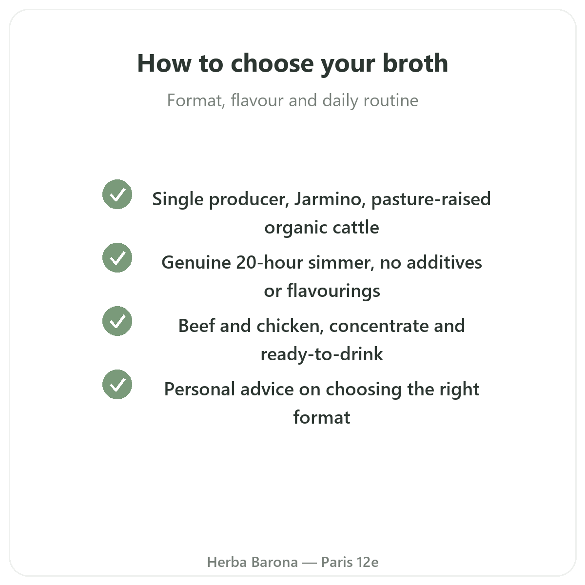 Bouillon d'os concentré ou prêt à boire — bien choisir chez Herba Barona Paris 12e