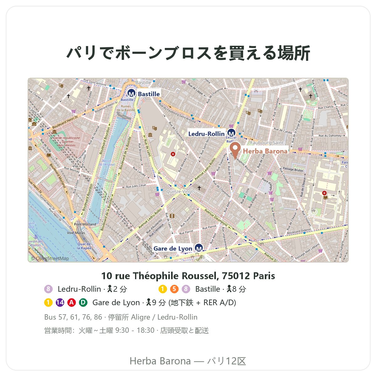 Où trouver du bouillon d'os à Paris — plan de la boutique Herba Barona Paris 12e