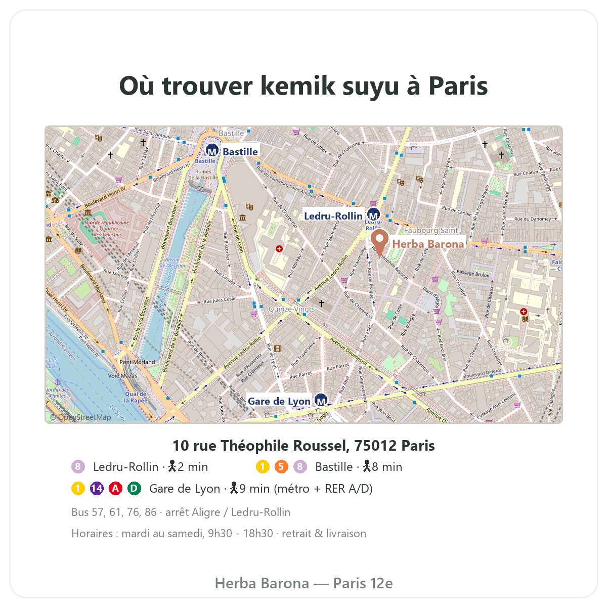 Paris’te kemik suyu nerede bulunur — mağaza planı, Herba Barona Paris 12. bölge