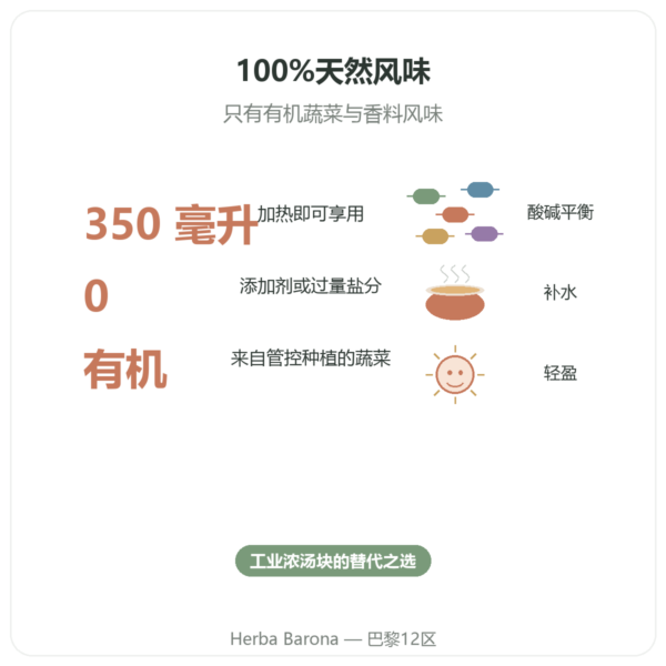 有机蔬菜汤 350 ml – Jarmino 功效与数据 Paris Herba Barona