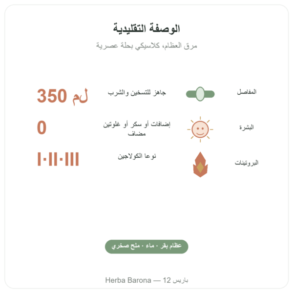 مرق عظام البقر العضوي 350 مل – Jarmino الفوائد والمعطيات الرئيسية Paris Herba Barona