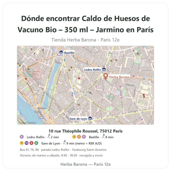 Dónde encontrar Caldo de Huesos de Vacuno Bio – 350 ml – Jarmino en París - plano de la tienda Herba Barona Paris 12e