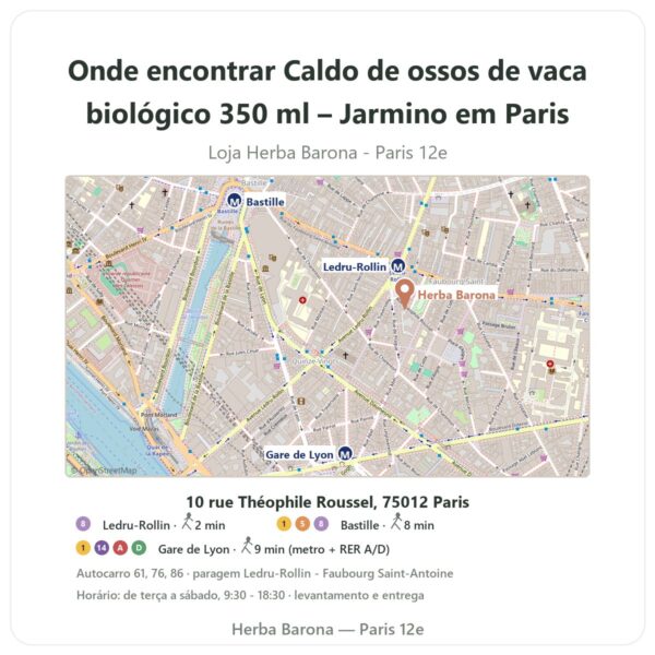 Onde encontrar Caldo de ossos de vaca biológico 350 ml – Jarmino em Paris - mapa da loja Herba Barona Paris 12e