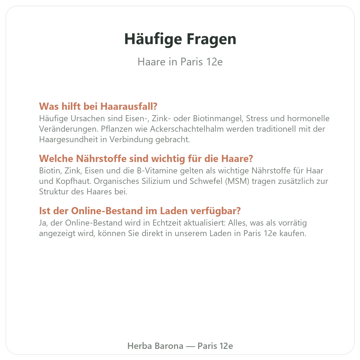Häufige Fragen zu Nahrungsergänzungsmitteln für Haare in Paris - Herba Barona Paris 12e