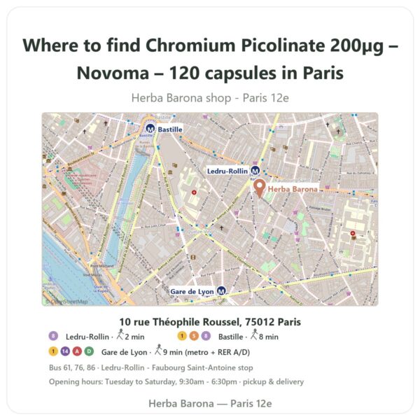 Where to find Chromium Picolinate 200µg – Novoma – 120 capsules in Paris - store map Herba Barona Paris 12e