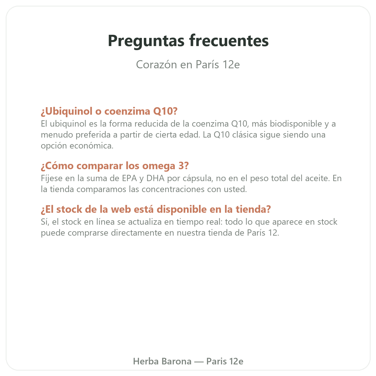 Preguntas frecuentes complementos para el corazón en París - Herba Barona Paris 12e