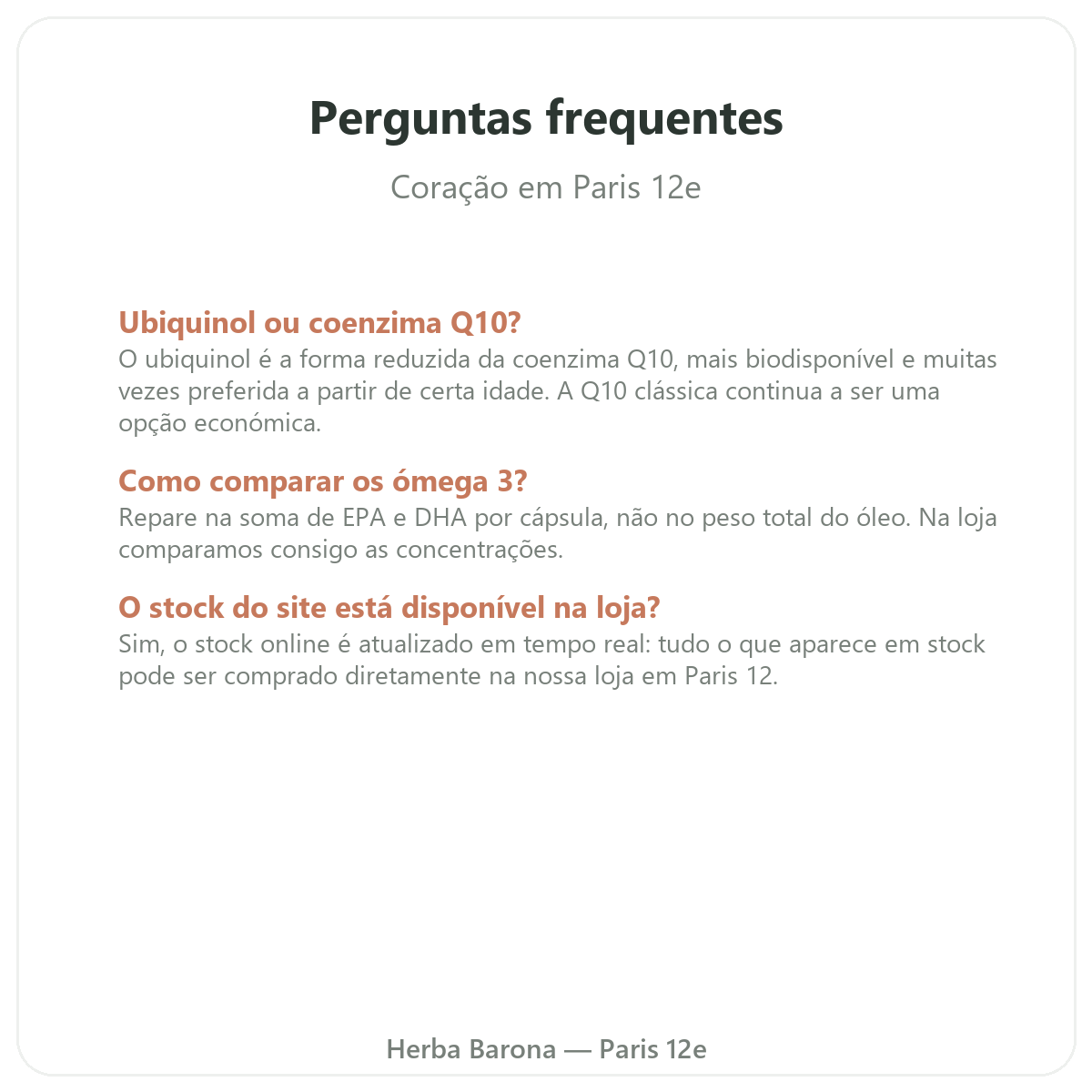 Perguntas frequentes suplementos para o coração em Paris - Herba Barona Paris 12e