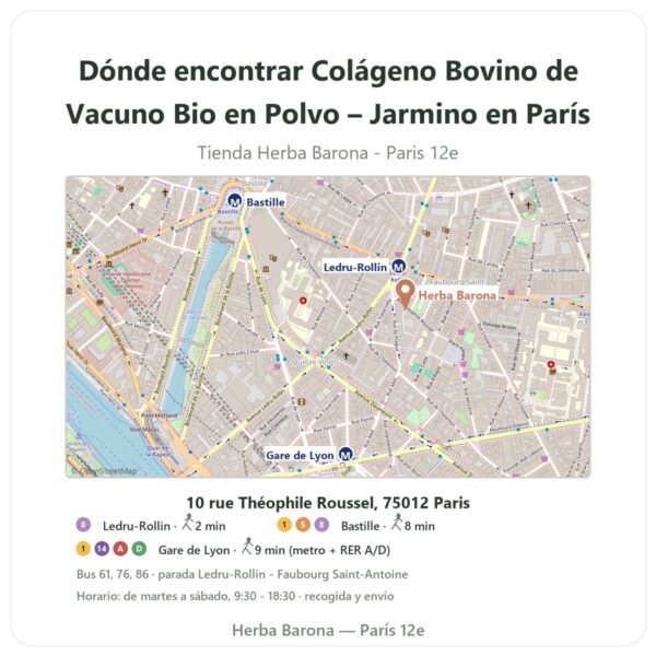 Dónde encontrar Colágeno Bovino de Vacuno Bio en Polvo – Jarmino en París - plano de la tienda Herba Barona Paris 12e
