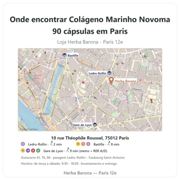 Onde encontrar Colágeno Marinho Novoma 90 cápsulas em Paris - mapa da loja Herba Barona Paris 12e
