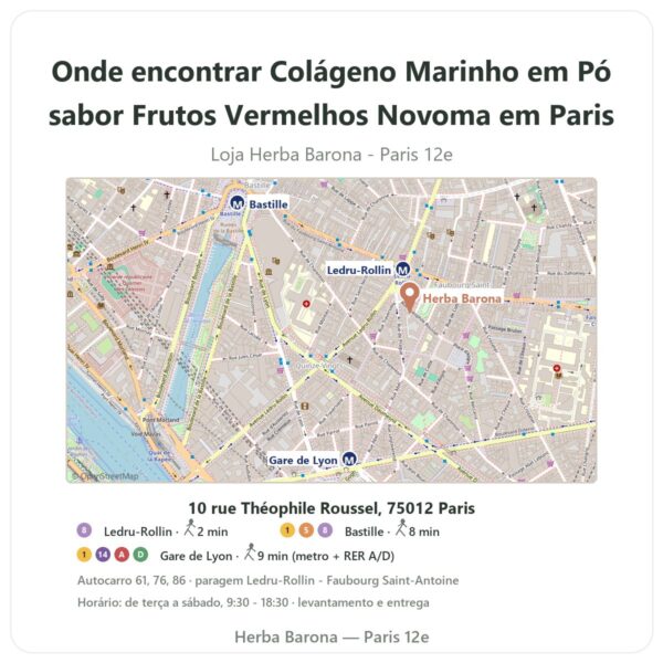Onde encontrar Colágeno Marinho em Pó sabor Frutos Vermelhos Novoma em Paris - mapa da loja Herba Barona Paris 12e