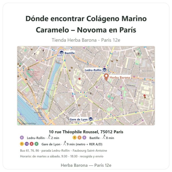 Dónde encontrar Colágeno Marino Caramelo – Novoma en París - plano de la tienda Herba Barona Paris 12e