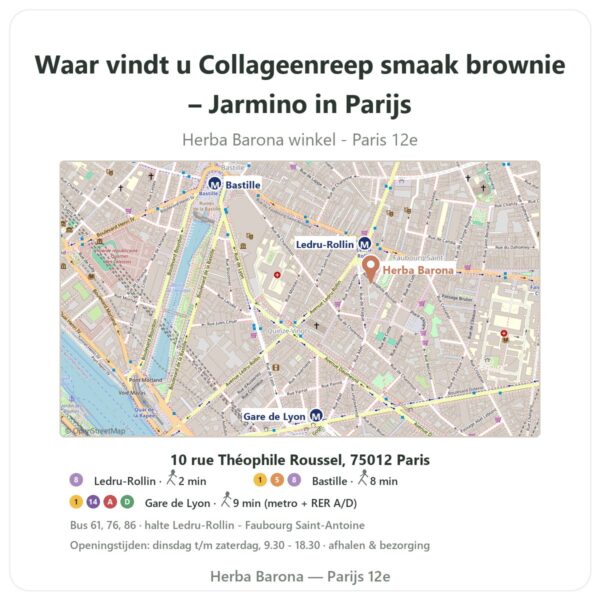 Waar vindt u Collageenreep smaak brownie – Jarmino in Parijs - winkelplattegrond Herba Barona Paris 12e