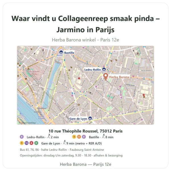 Waar vindt u Collageenreep smaak pinda – Jarmino in Parijs - winkelplattegrond Herba Barona Paris 12e