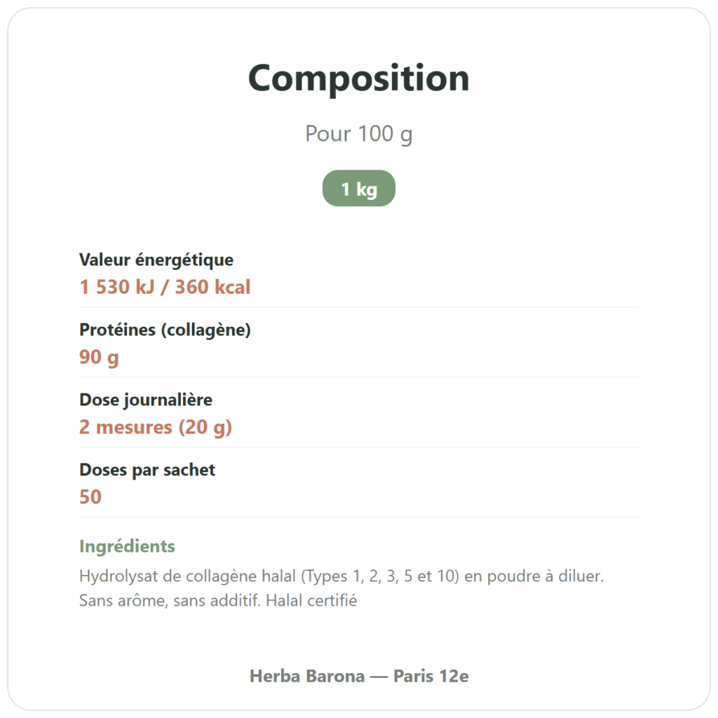Collagène Halal Types 1, 2, 3, 5 et 10 – poudre à diluer 1 kg composition valeurs nutritionnelles Paris Herba Barona