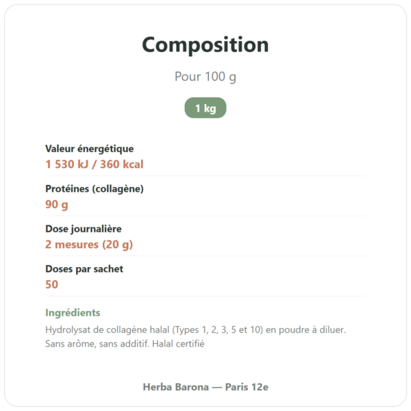 Collagène Halal Types 1, 2, 3, 5 et 10 – poudre à diluer 1 kg composition valeurs nutritionnelles Paris Herba Barona
