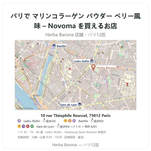 Where to find マリンコラーゲン パウダー ベリー風味 – Novoma in Paris - store map Herba Barona Paris 12e