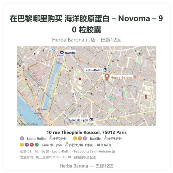 海洋胶原蛋白 – Novoma – 90 粒胶囊 巴黎哪里能买到 - 门店地图 Herba Barona Paris 12e
