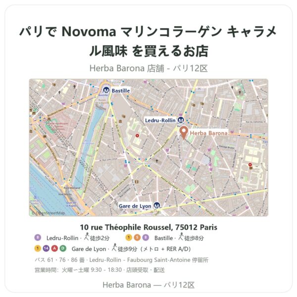 Where to find Novoma マリンコラーゲン キャラメル風味 in Paris - store map Herba Barona Paris 12e