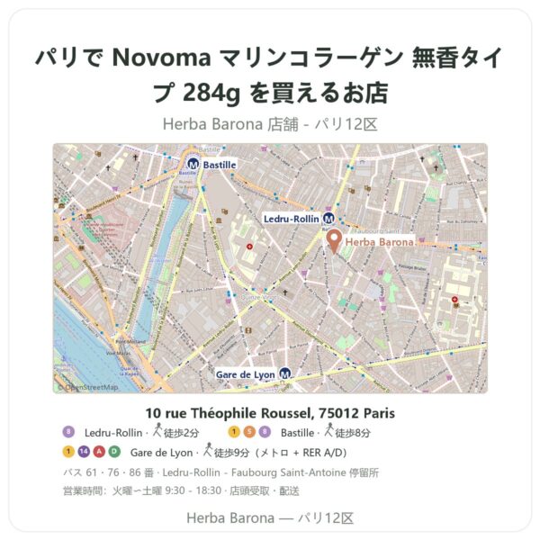 Where to find Novoma マリンコラーゲン 無香タイプ 284g in Paris - store map Herba Barona Paris 12e