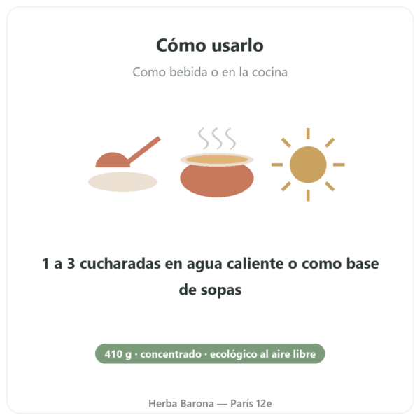 Concentrado de Caldo de Huesos de Pollo Bio – 410 g – Jarmino modo de empleo y dosis Paris Herba Barona