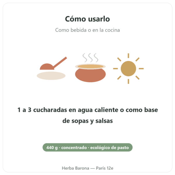 Concentrado de Caldo de Huesos de Vacuno Bio – 440 g – Jarmino modo de empleo y dosis Paris Herba Barona