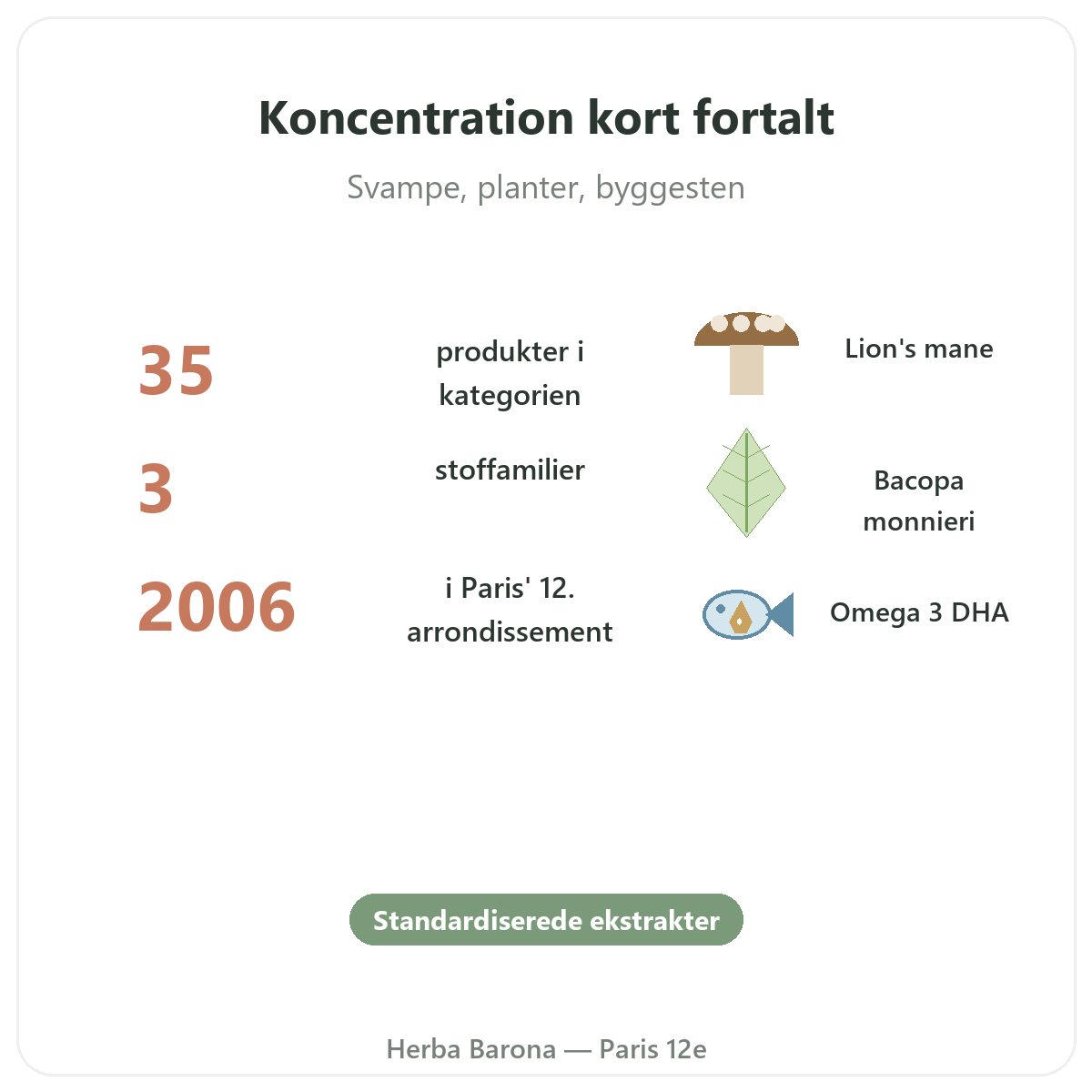 Kosttilskud til koncentration og fokus i korte træk - nøgletal hos Herba Barona Paris 12