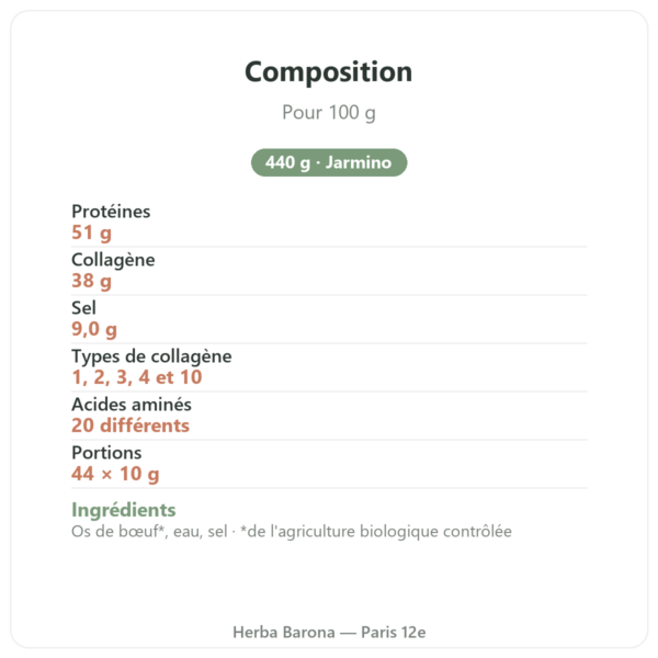 Concentré de bouillon d'os de bœuf réduit en sel 440g Jarmino composition valeurs nutritionnelles Paris Herba Barona