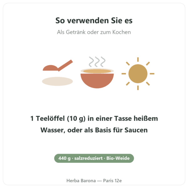 Rinderknochenbrühe-Konzentrat salzreduziert – 440 g – Jarmino Anwendung Paris Herba Barona