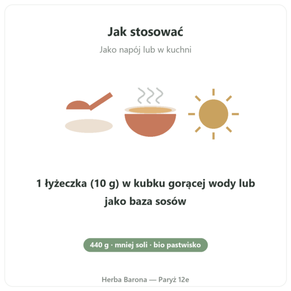 Koncentrat bulionu z kości wołowych o obniżonej zawartości soli 440 g – Jarmino stosowanie Paris Herba Barona