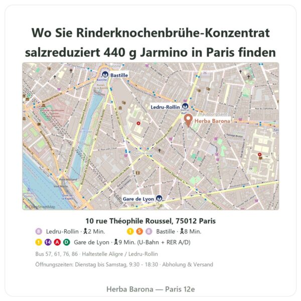 Wo finden Rinderknochenbrühe-Konzentrat salzreduziert – 440 g – Jarmino - Herba Barona Paris