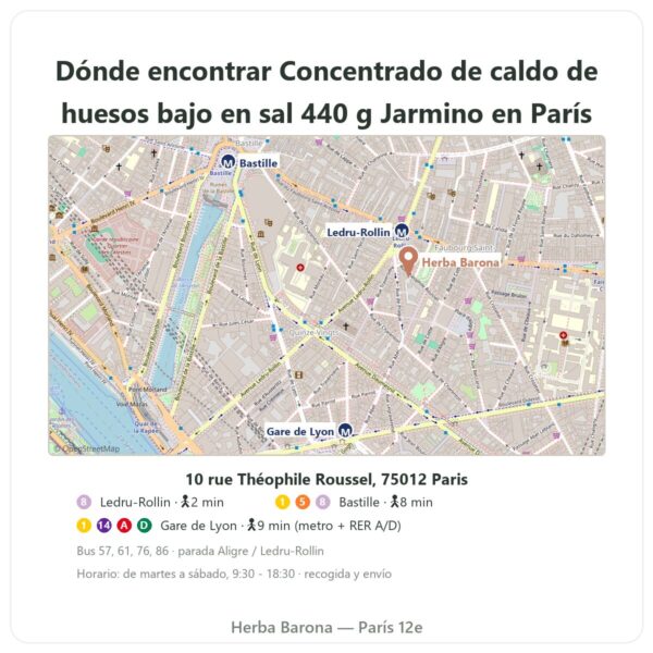 Dónde encontrar Concentrado de caldo de huesos de vacuno bajo en sal – 440 g – Jarmino - Herba Barona Paris