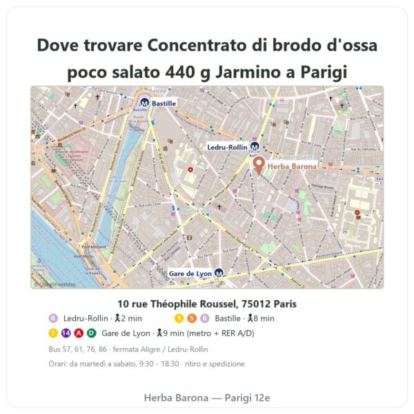 Dove trovare Concentrato di brodo d'ossa di manzo a ridotto contenuto di sale – 440 g – Jarmino - Herba Barona Paris